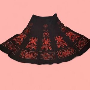 Sunny Leigh Red Embroidered Floral Panel Flare Midi Skirt Size 12